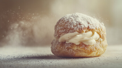 Classic choux cream filled with vanilla cream and dusted with powdered sugar. Soft and neutral bg.