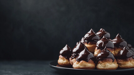 Chocolate filled cream puffs topped with shiny chocolate sugar, arranged on a plate, dark background