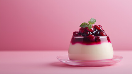 Panna cotta pudding served with berry compote topping in a clear glass plate. Soft gradient bg.
