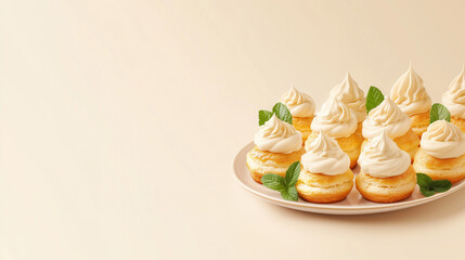Fresh cream puffs, filled with custard and filled with fresh cream, decorated with mint leaves..