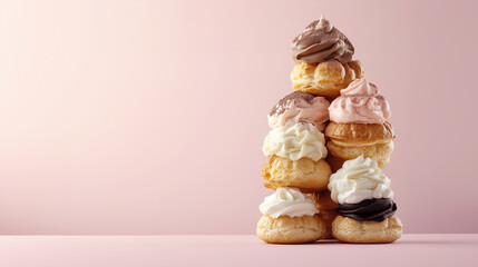 Each cream puff is stacked flavors of cream, such as vanilla, chocolate, and strawberry.