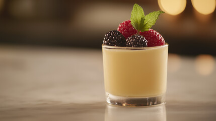 Creamy vanilla pudding served in a small glass jar, topped with fresh berries and mint leaves.