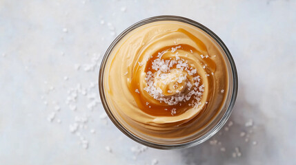 Caramel pudding in glass cup topped with sea salt and drizzled with caramel sauce. Light background.