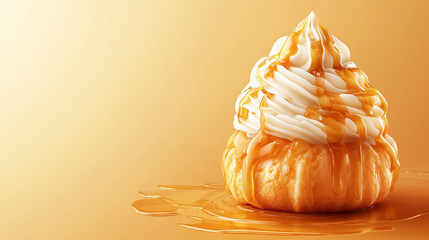 Cream puff with golden crispy shell filled with smooth cream and topped with caramel sauce.