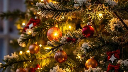 Twinkling fairy lights adorn the Christmas tree branches, ornaments, festive, winter wonderland