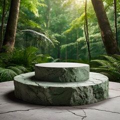 Natural stone and concrete podium in Natural green background for Empty show for packaging product presentation. Background for cosmetic products, the scene with green leaves. Mock up the pedestal.