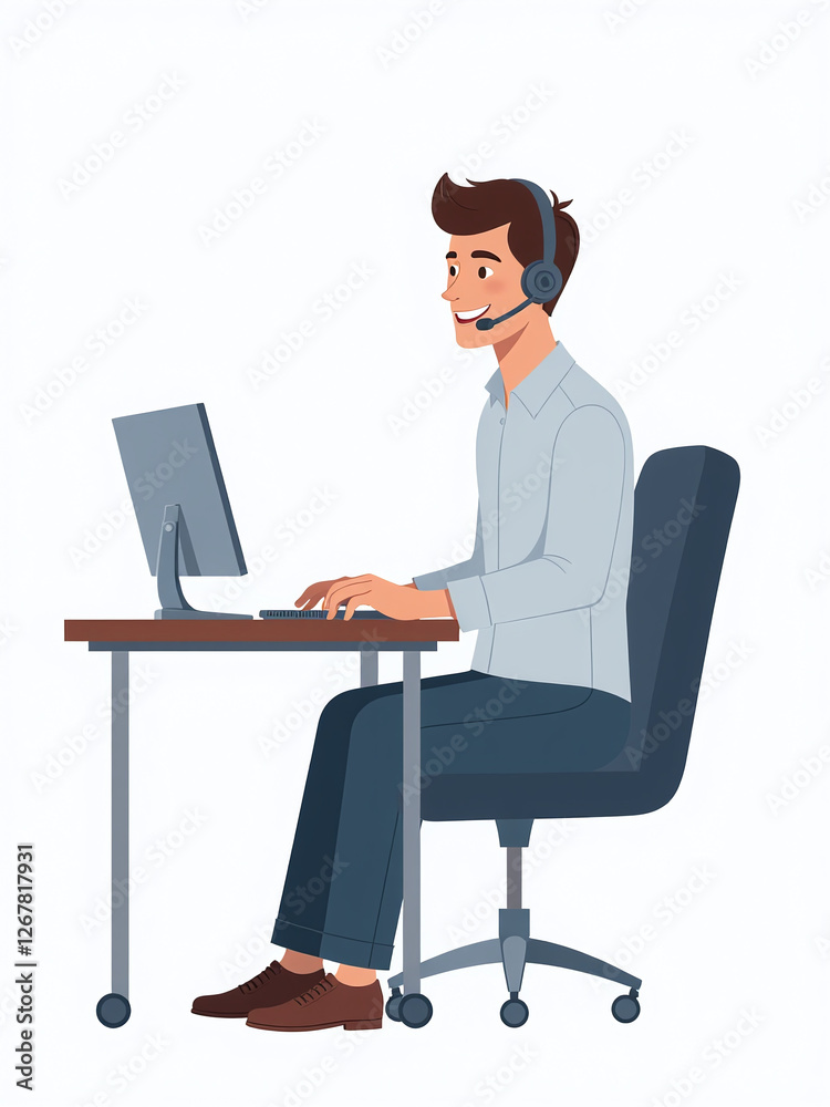 Poster A Smiling Male Call Center Worker Sits Alone With His Headset, Isolated On A White Background In A Simple Setting. 00001