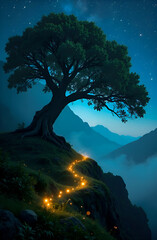 An ancient tree grows in a misty forest, Fireflies create light paths, and the stage is bathed in a soft, unearthly glow under the starry sky. 