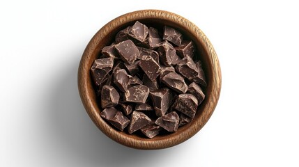 Wooden bowl brimming with rich, dark chocolate chunks, a tempting treat for dessert lovers on a crisp white background. A tempting confectionery.