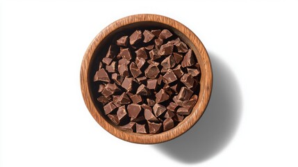 Wooden bowl filled with dark chocolate chunks, perfect for baking or snacking. Delicious and tempting treat against a bright backdrop.