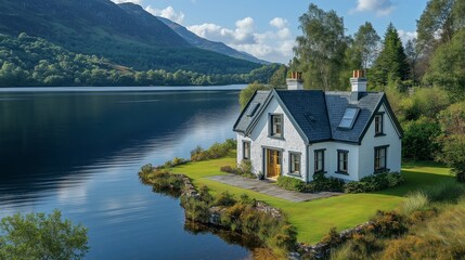Fototapeta premium Scenic view of a charming house by the tranquil waters of Loch Ness in Scotland, surrounded by lush green hills and trees. Concept captures beauty of Loch Ness in Scotland.