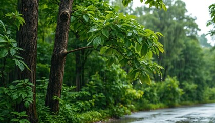 Obraz premium Tropical trees and plants thrive in lush forests, from bamboo jungles to palm-lined paths