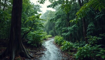 Obraz premium Lush green trees and plants thrive in Thailand's vibrant rainforest environment