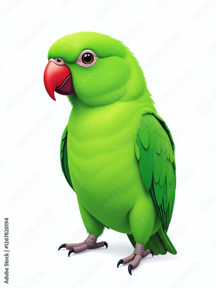 Poster a vibrant green parrot is isolated against a clean white background in this simple yet striking port