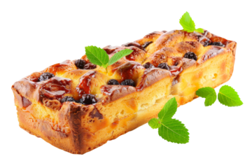 Sweet and comforting bread pudding made with leftover bread and sweet syrup isolated on transparent background