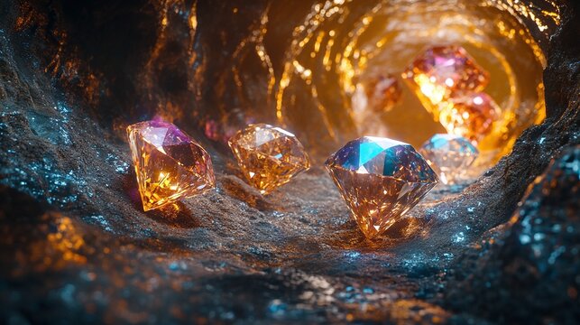 colorful diamonds shining in underground tunnel representing gemstone treasure mining industry wealth concept and precious mineral resources