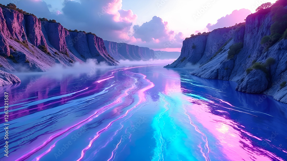 Wall mural A flowing liquid metallic river with iridescent colors changing between silver, pink and bright blue.  Cliffs rise along the river's edges against a backdrop of clouds in shades of blue and lilac 