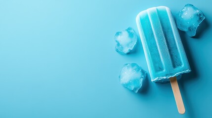 A fun blue popsicle rests on a cool, smooth surface alongside melting ice, representing the joy of summer treats and refreshing indulgences on a hot day.