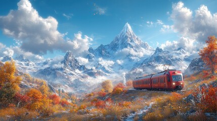 Autumn train journey, snowy mountains