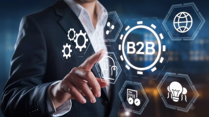 Man in suit interacts with digital business to business interface