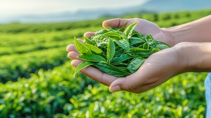 Hand-picking organic matcha. Fresh tea leaves held in hands against a lush green field backdrop.