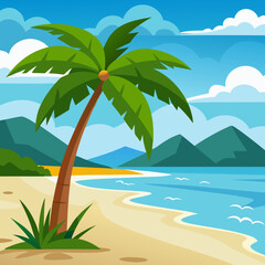 Stunning Tropical Beach Landscape with Palm Tree Vector Art