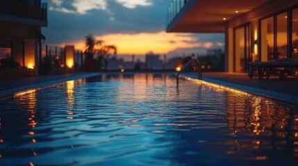 Fototapeta premium luxury illuminated swimming pool with evening villa garden modern holiday resort house sunset deck outdoor leisure beautiful mansion residential architecture hotel relaxation lifestyle