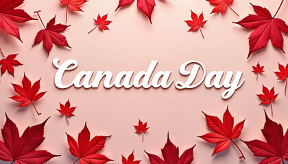 Canada Day celebration with red maple leaves on pink background
