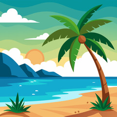 Stunning Tropical Beach Landscape with Palm Tree Vector Art