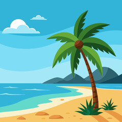 Stunning Tropical Beach Landscape with Palm Tree Vector Art