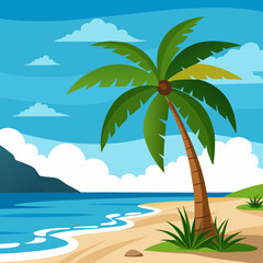 Stunning Tropical Beach Landscape with Palm Tree Vector Art