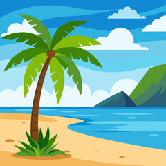 Stunning Tropical Beach Landscape with Palm Tree Vector Art