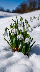 A close-up of blooming snowdrops poking through the snow, blue sky in backgrund high quality