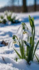 A close-up of blooming snowdrops poking through the snow, blue sky in backgrund high quality