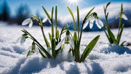 A close-up of blooming snowdrops poking through the snow, blue sky in backgrund high quality