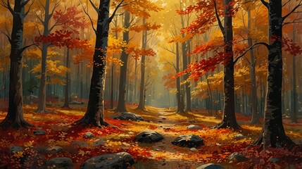 Fototapeta premium Golden autumn leaves drift to the forest floor, creating a soft, colorful carpet in a tranquil woodland