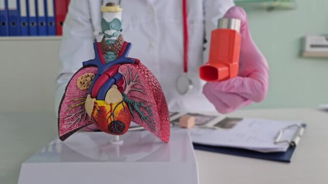 Human lungs, highlighting respiratory anatomy, while holding an asthma inhaler
