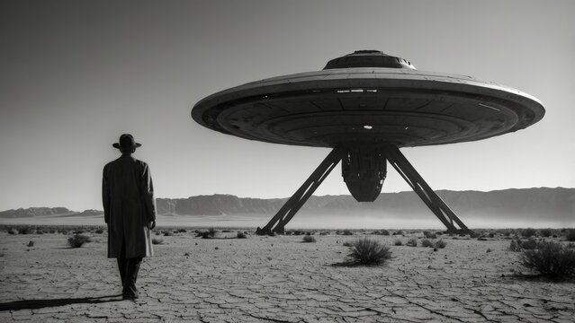 Retro 1950s UFO Crash in Desert with Dust Clouds and Mysterious Alien Spaceship Wreckage