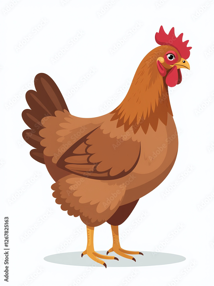 Poster brown farm chickens stand alone as birds isolated against a plain white background in simple illustr