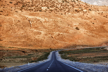 A road is shown in the desert with a few trees in the background