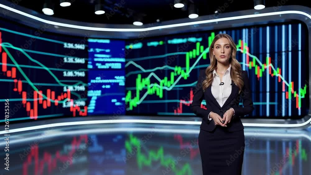 Poster Financial reporter analyzing real time trading charts and market data while standing confidently in professional studio environment with large digital screen displaying complex investment information