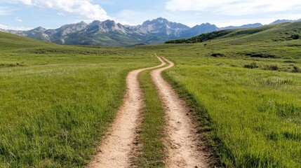 A gently curved dirt road surrounded by vibrant green grass and impressive mountain scenery invites travelers on a journey through the enchanting wilderness of nature.