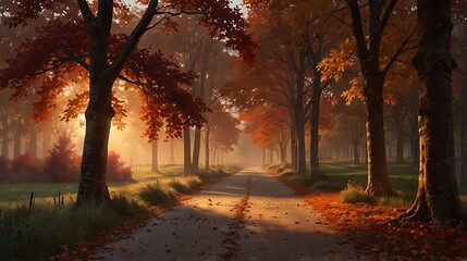 Golden autumn trees under a pastel sky, with a serene pathway glowing in the setting sun light