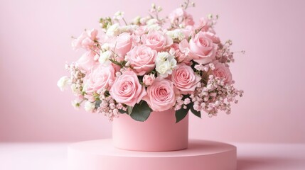 Fototapeta premium Pink roses in box on pink backdrop