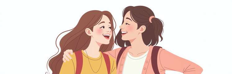 Fototapeta premium College Student Girls Smile And Bond With Each Other In A Carefree Moment, Isolated On A Simple White Background. 00001