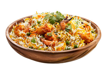 Beautifully arranged biryani with perfectly spiced rice, juicy meat, and fresh garnishes isolated on transparent background