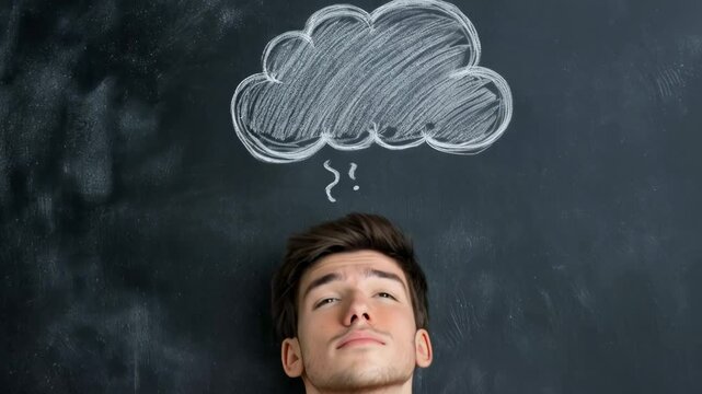 Slow motion video showing a young man lying on a blackboard with a chalk drawn thought bubble above his head, expressing questioning and thinking