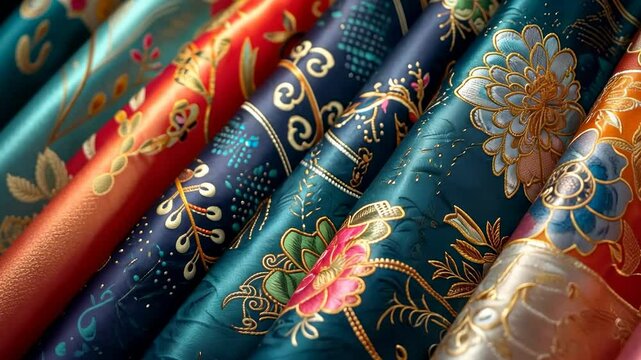 Close-up of traditional Chinese fabric featuring intricate patterns, symbolizing culture and festivity, ideal for Chinese New Year and heritage themes.