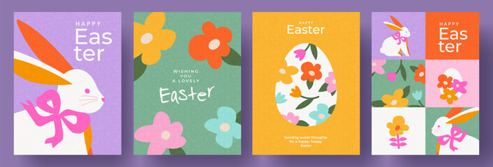 Happy Easter set of card, poster, holiday cover or web banner design templates with spring flowers, Easter eggs and Easter bunny in trendy and cute flat style for season greetings, ads and decor.