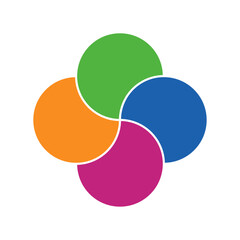 Colorful overlapping circles of infographic pie chart divided into 4 parts. Diagram, chart with 4 steps, options, parts, processes with colorful petals. Vector Illustration.